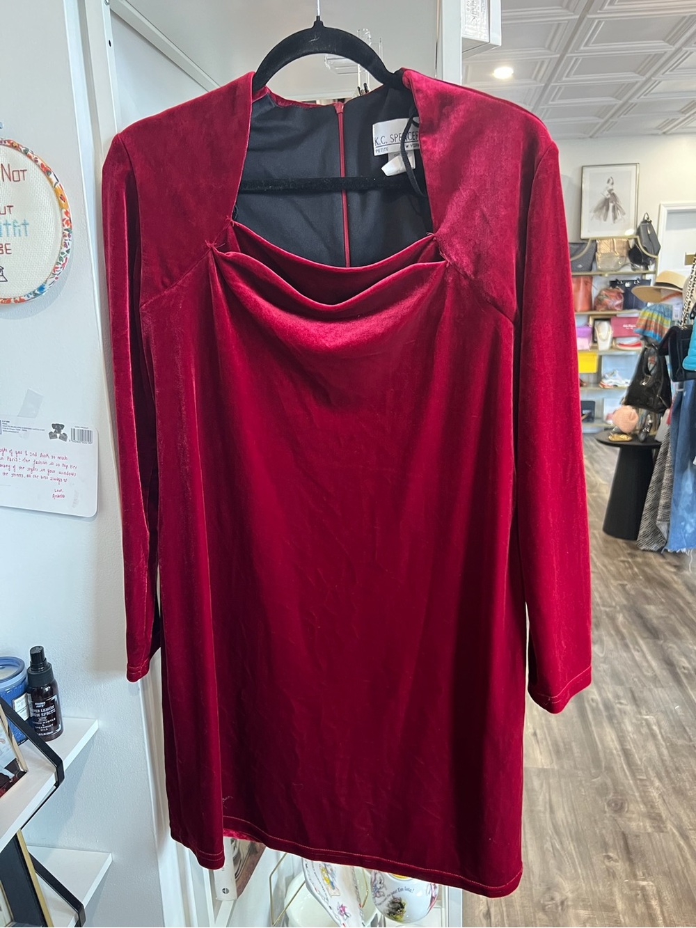 Vintage KC Spencer Red Velvet Cowl Neck Long Sleeve Dress